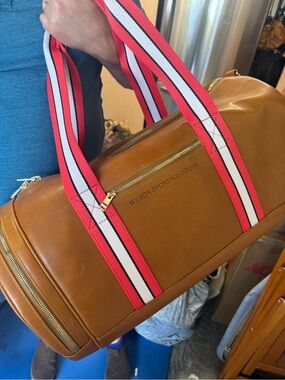 NWT— Wilson Tan Leather Duffel Bag with Red-Striped Straps